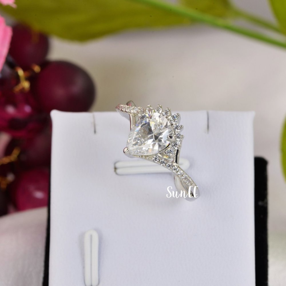 New Lab Diamond Halo Pear Engagement Ring - Picture 11 of 11